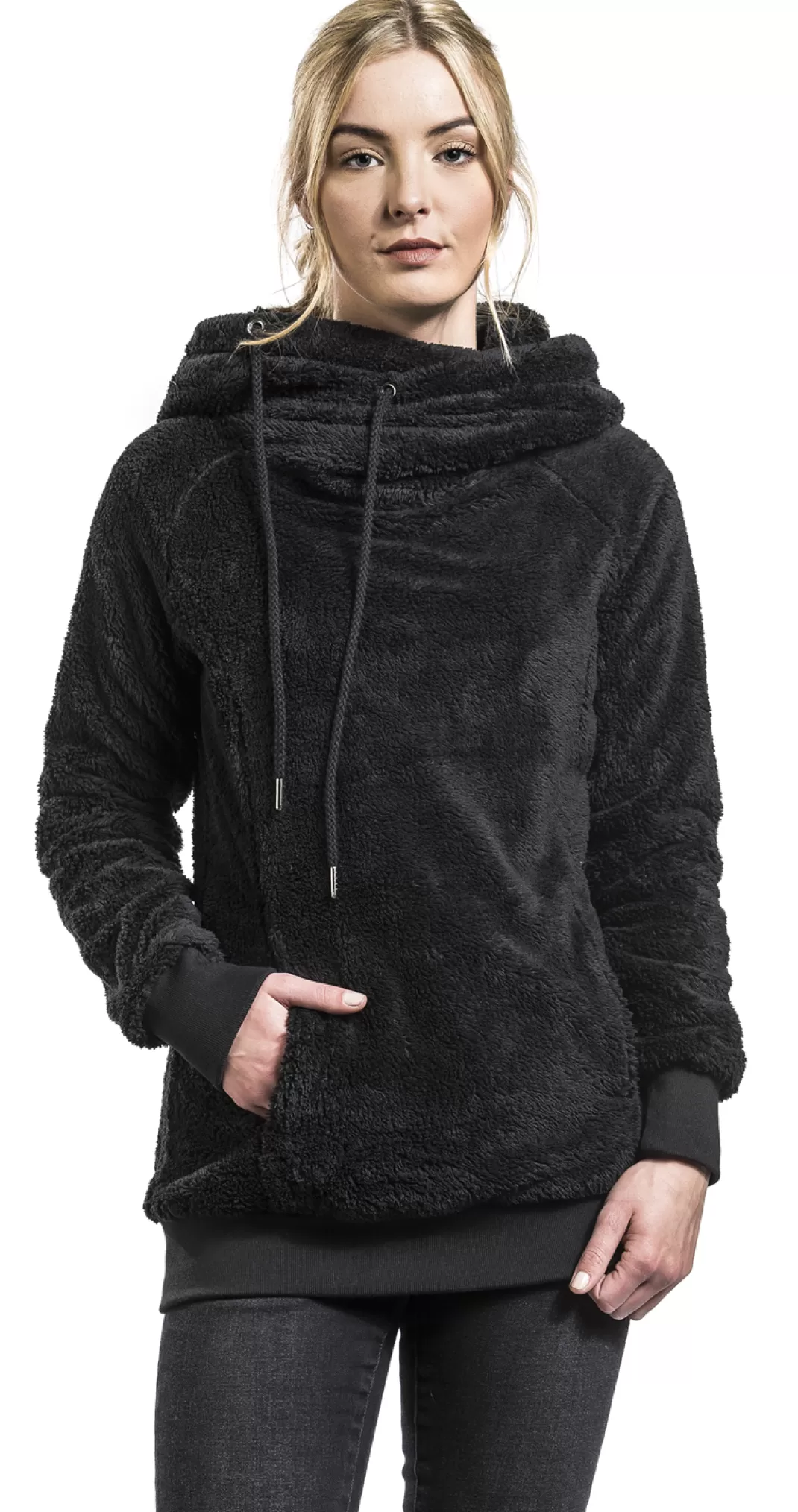 Ladies Long Teddy Hoodie Hooded Sweater Black By^Urban Classics Cheap
