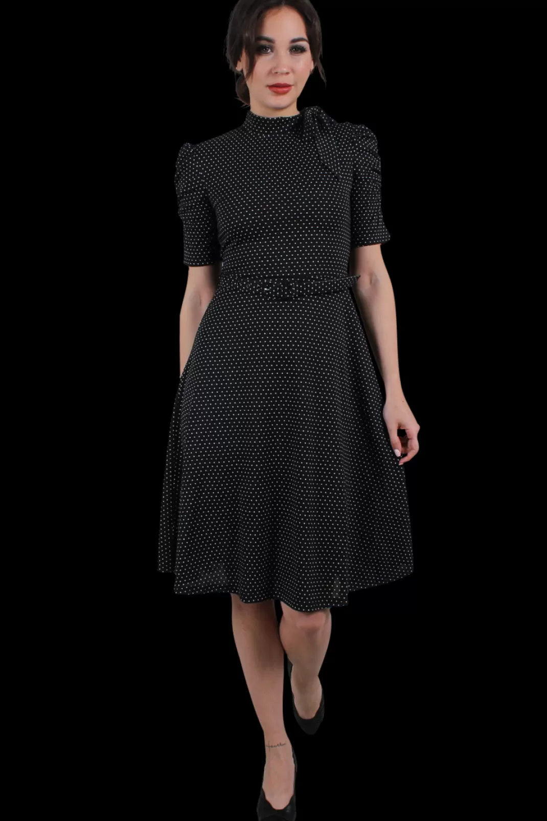 Posie Black Polka Dot Tie-Neck Dress Medium-Length Dress Black By^Voodoo Vixen Outlet