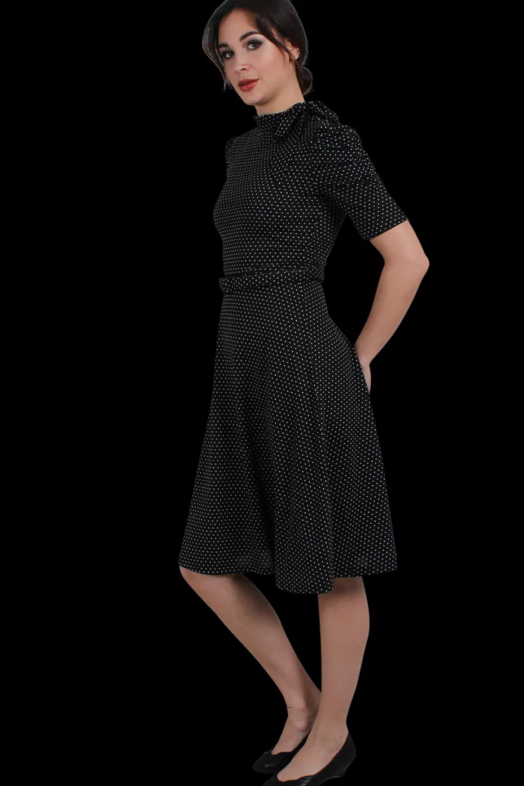 Posie Black Polka Dot Tie-Neck Dress Medium-Length Dress Black By^Voodoo Vixen Outlet